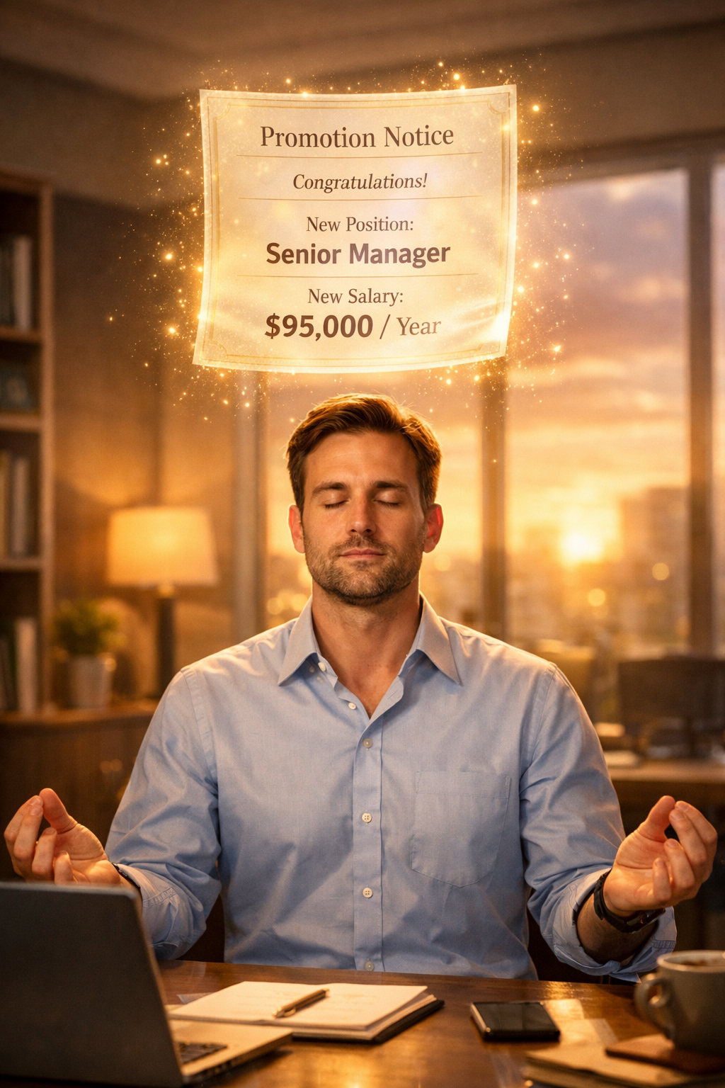 Person meditating at desk with glowing vision of dream paystub floating above