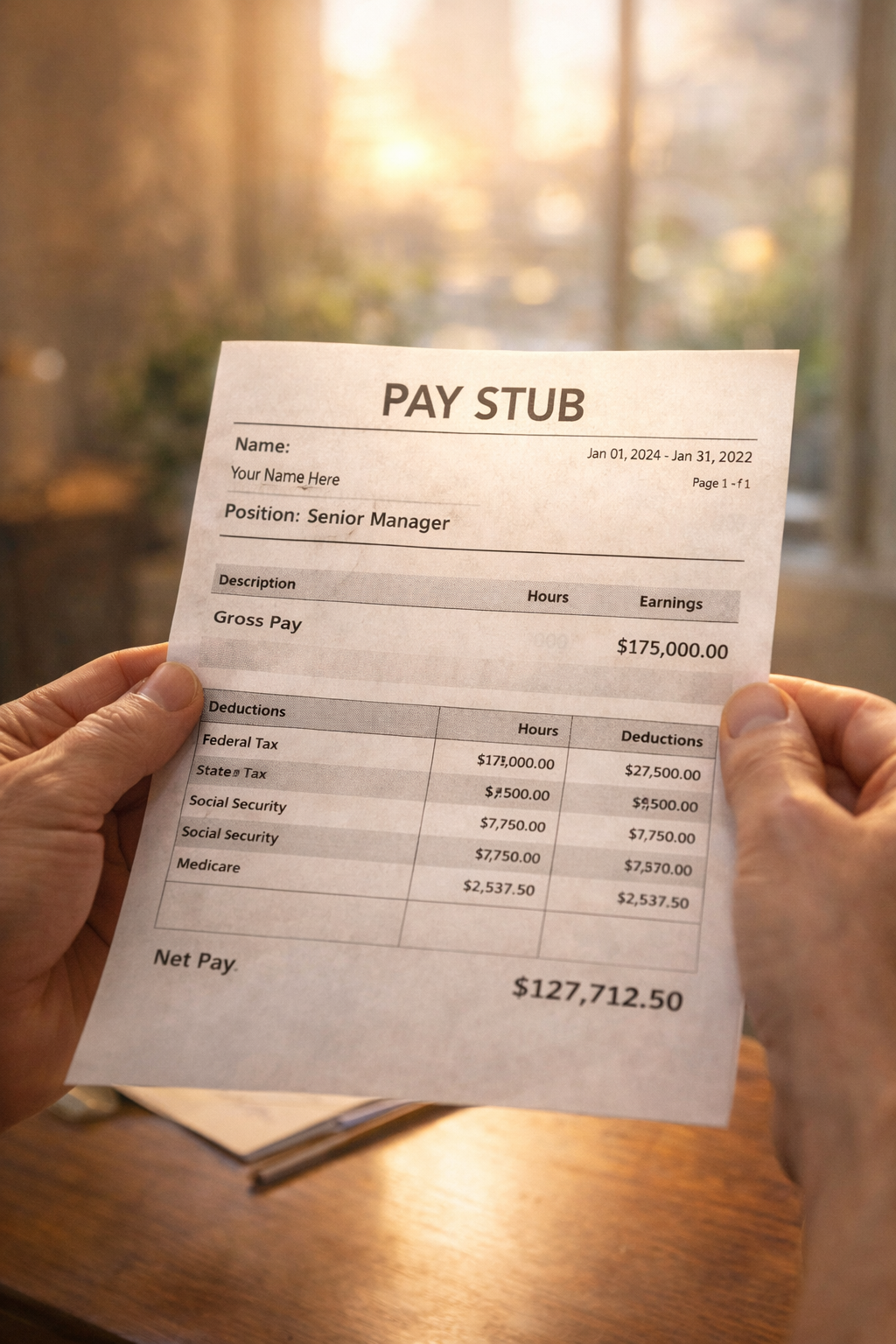 Close-up of hands holding a printed paystub showing dream salary and title