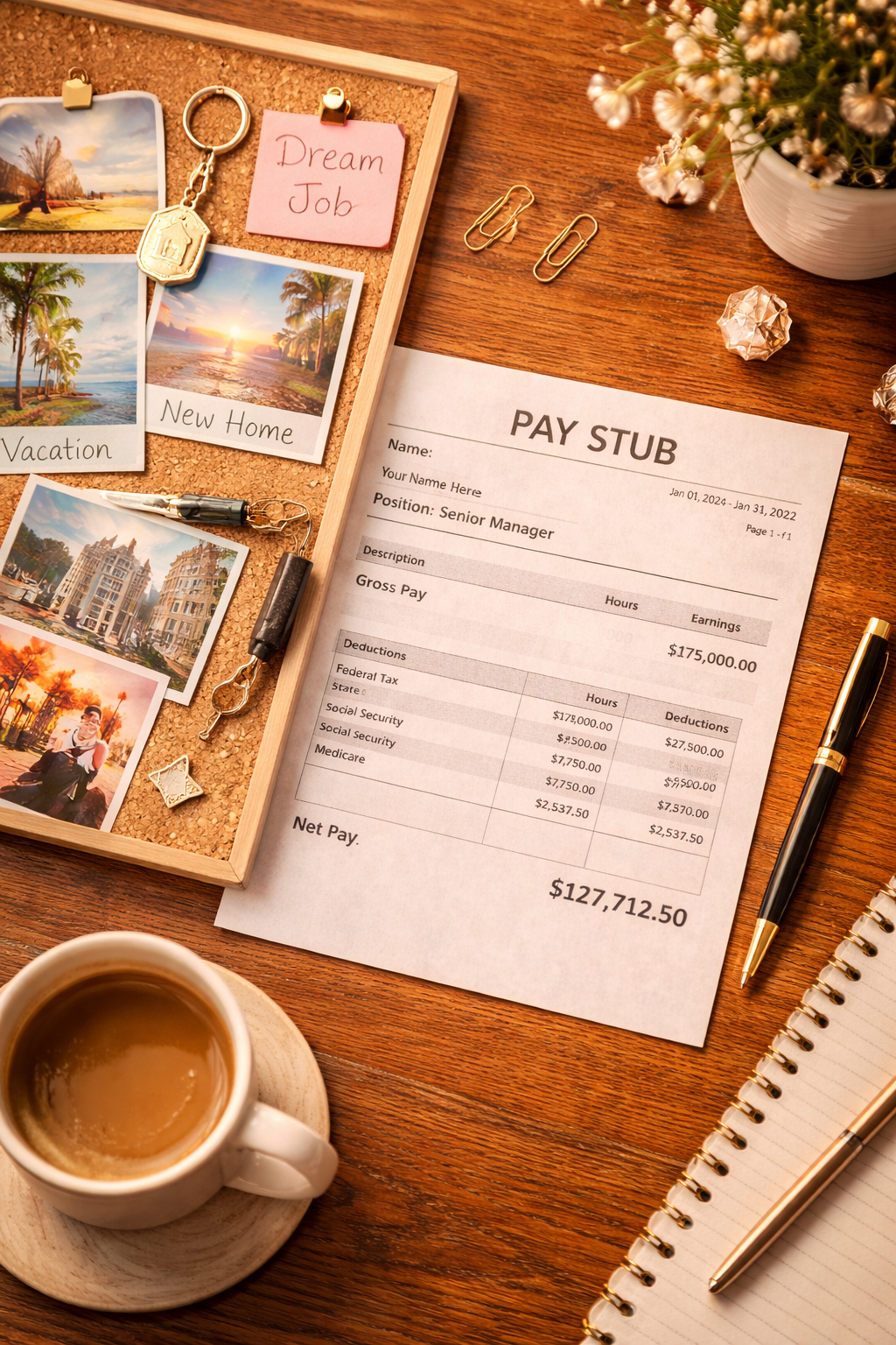 Flat lay of printed paystub on wooden desk next to vision board, pen and coffee cup nearby